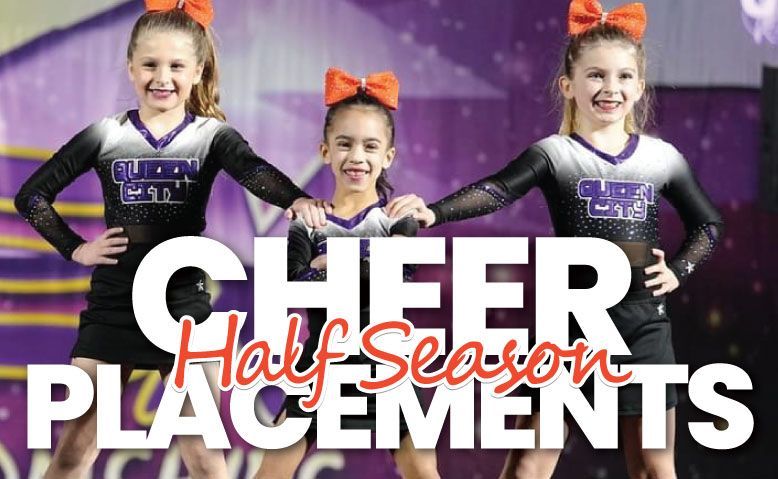 Cheerleaders posing on stage with the text “CHEER Half Season Placements”