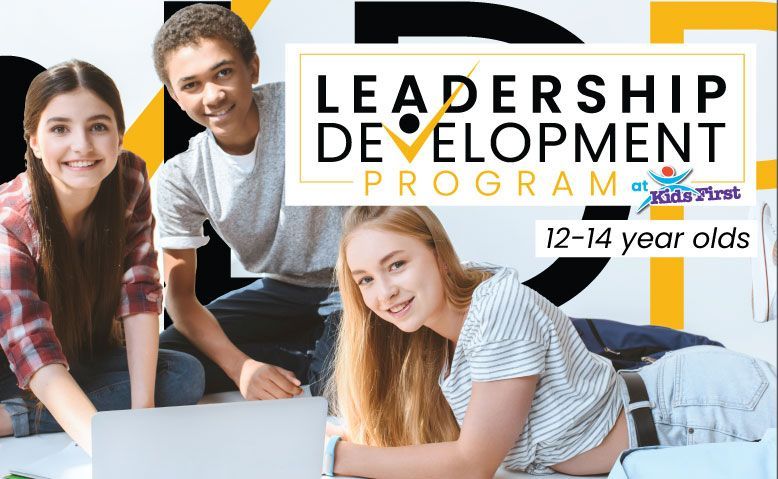 Leadership development program poster with smiling students gathered around laptops, featuring bold black and yellow text.