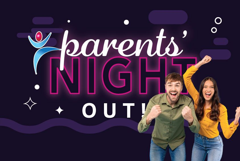 Parents’ Night Out graphic with two smiling adults on a purple background