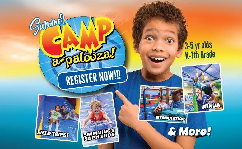 Boy pointing at summer camp flyer with activities: field trips, swimming, ninja, gymnastics. Register Now!