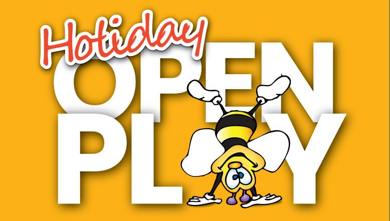 Holiday Open Play poster with a cartoon child handstanding on a yellow background