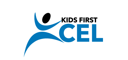 Logo for Kids First CEL: Blue figure with arms raised, black head. 