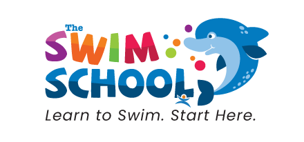 Logo for The Swim School with a colorful design and a smiling dolphin.