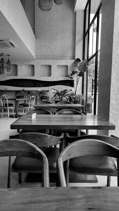 Empty café interior with tables, chairs, large windows, and hanging plants in black and white.