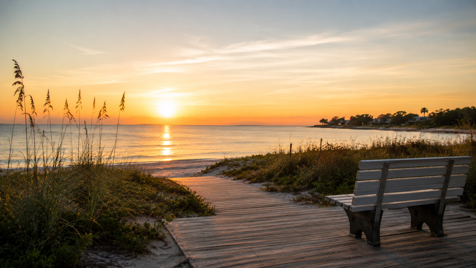 Memorial bench overlooking beach at sunset for cremation services in Clearwater, FL
