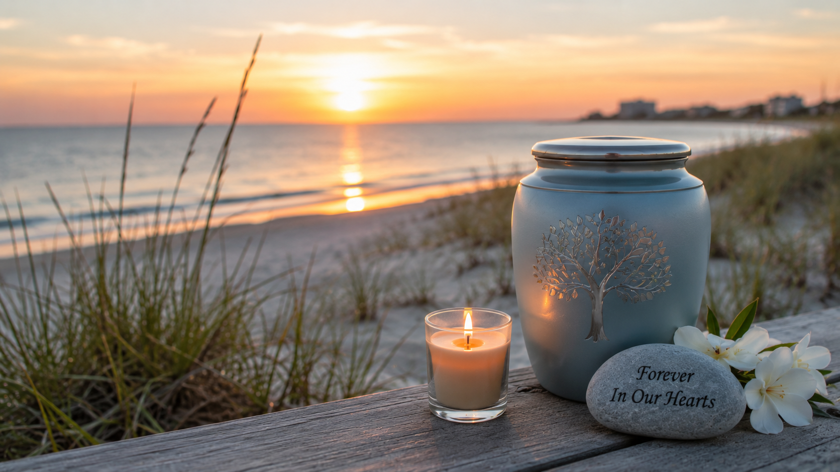 Memorial urn and remembrance stone on a beach at sunset for cremation services in Clearwater, FL.