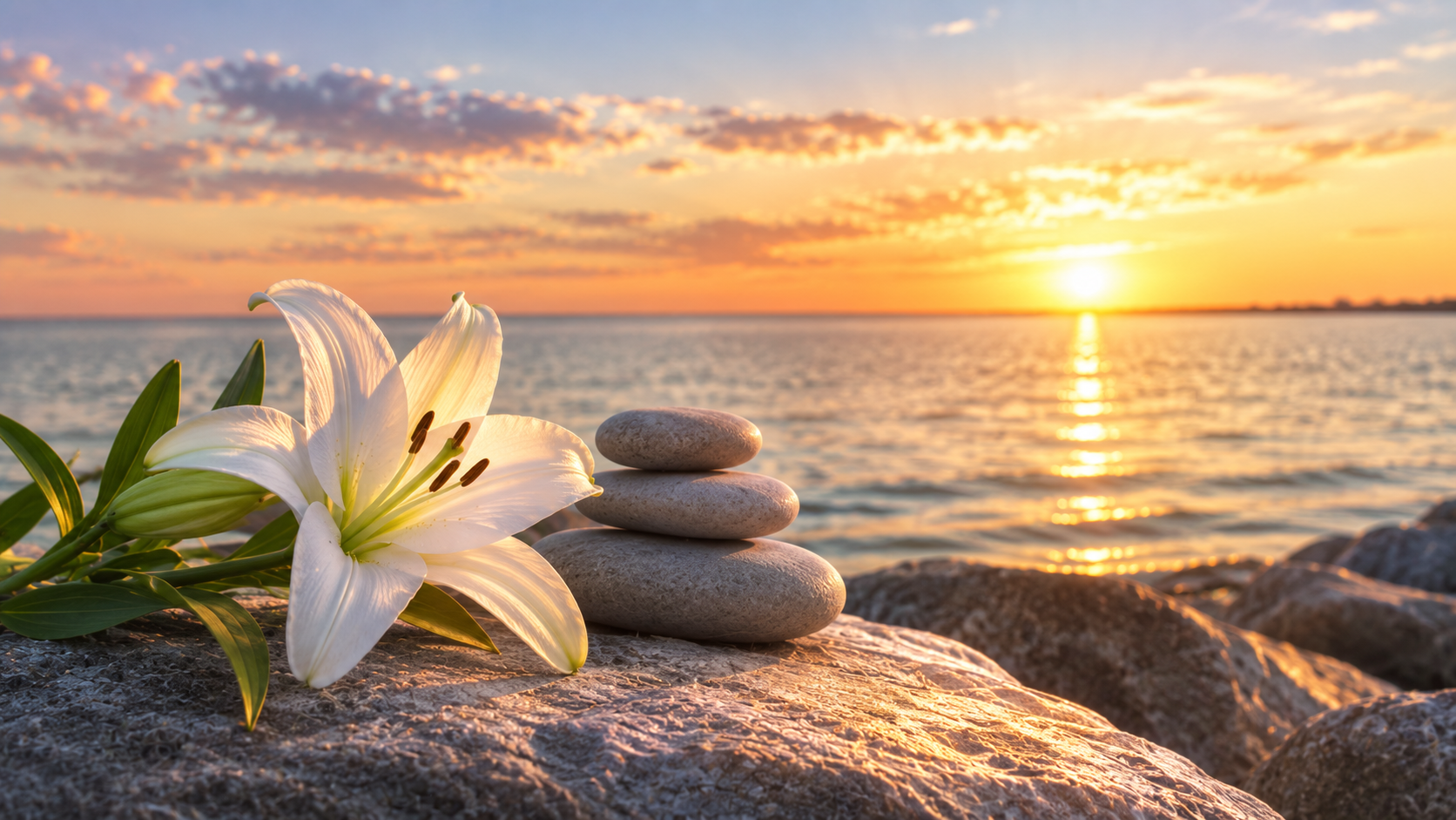 White lily and stacked stones by the ocean at sunset for cremation services in Clearwater, FL.