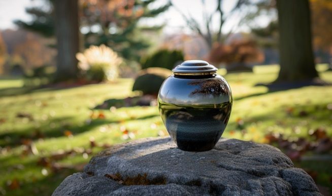 Black Cremation Urn on Granite Stone in Peaceful Cemetery Garden