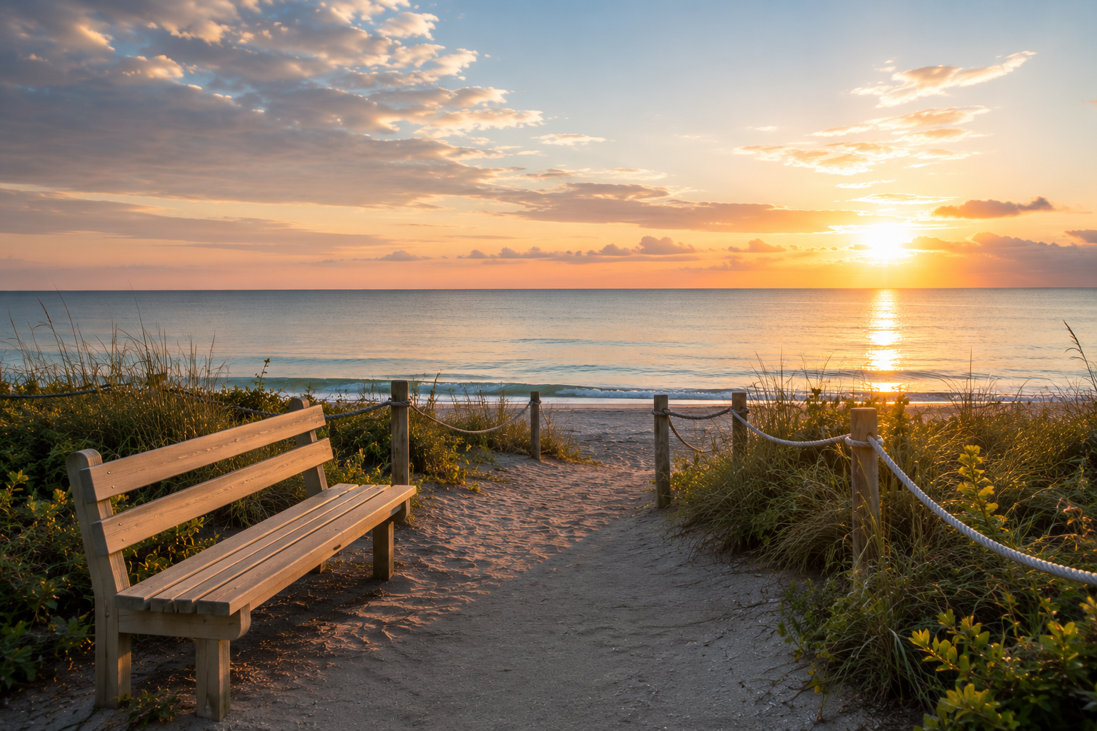 Wooden bench along a sandy beach path overlooking the Gulf at sunrise in Indian Rocks Beach, FL