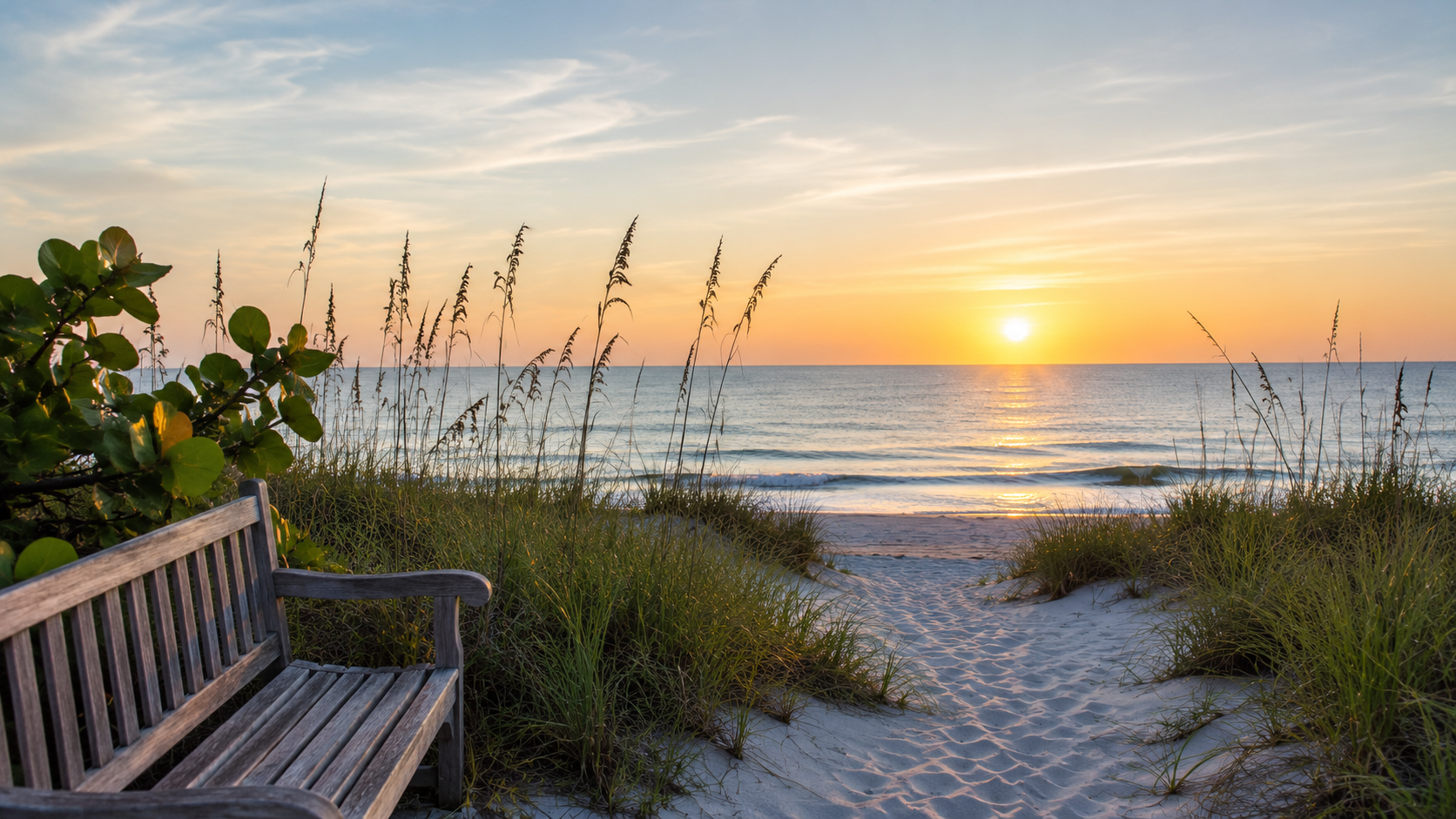 Beach bench overlooking sunset for cremation services in Indian Rocks Beach, FL.