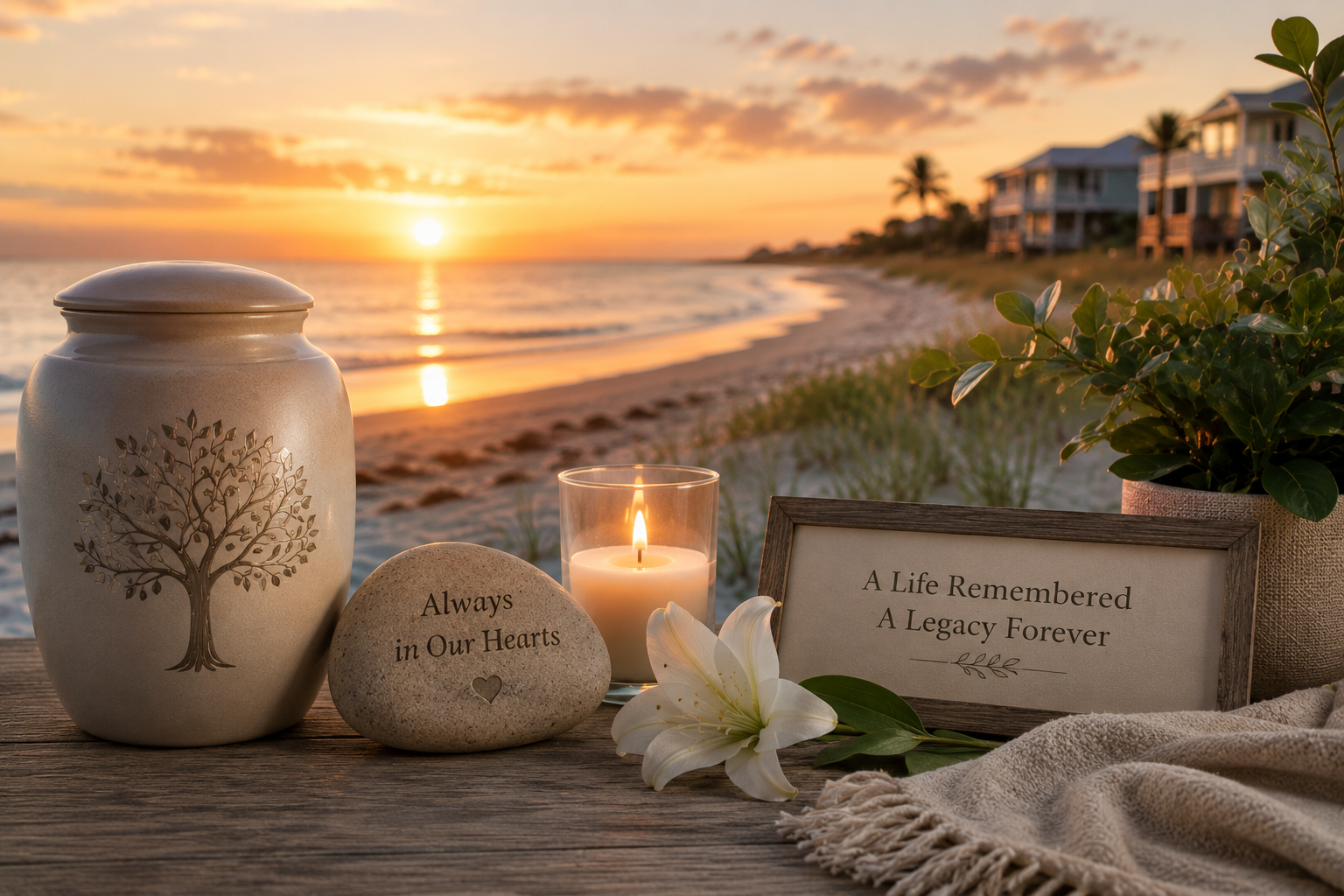 Cremation memorial urn and candle at sunset for cremation services in Indian Rocks Beach, FL.