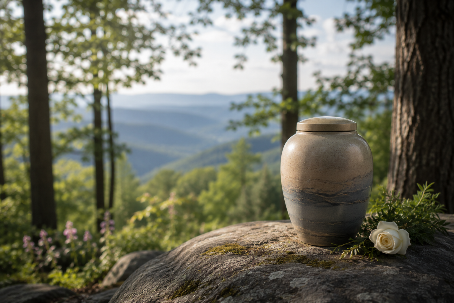 Cremation urn and white rose overlooking wooded hills near Indian Rocks Beach, FL.
