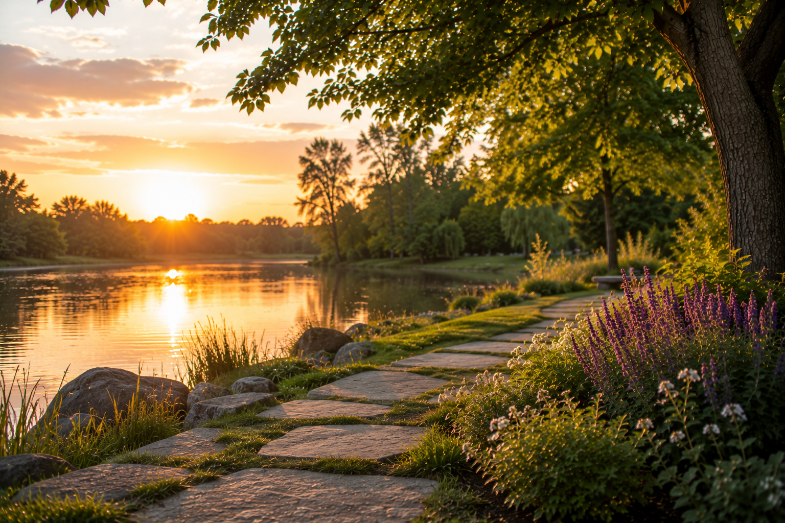 Sunset along a peaceful lakeside path near cremation services in Largo, FL.