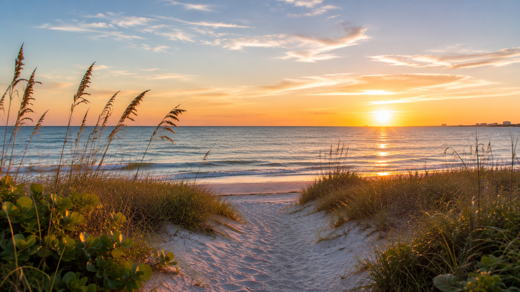 Sandy beach path leading to the Gulf at sunset for cremation services in Largo, FL.