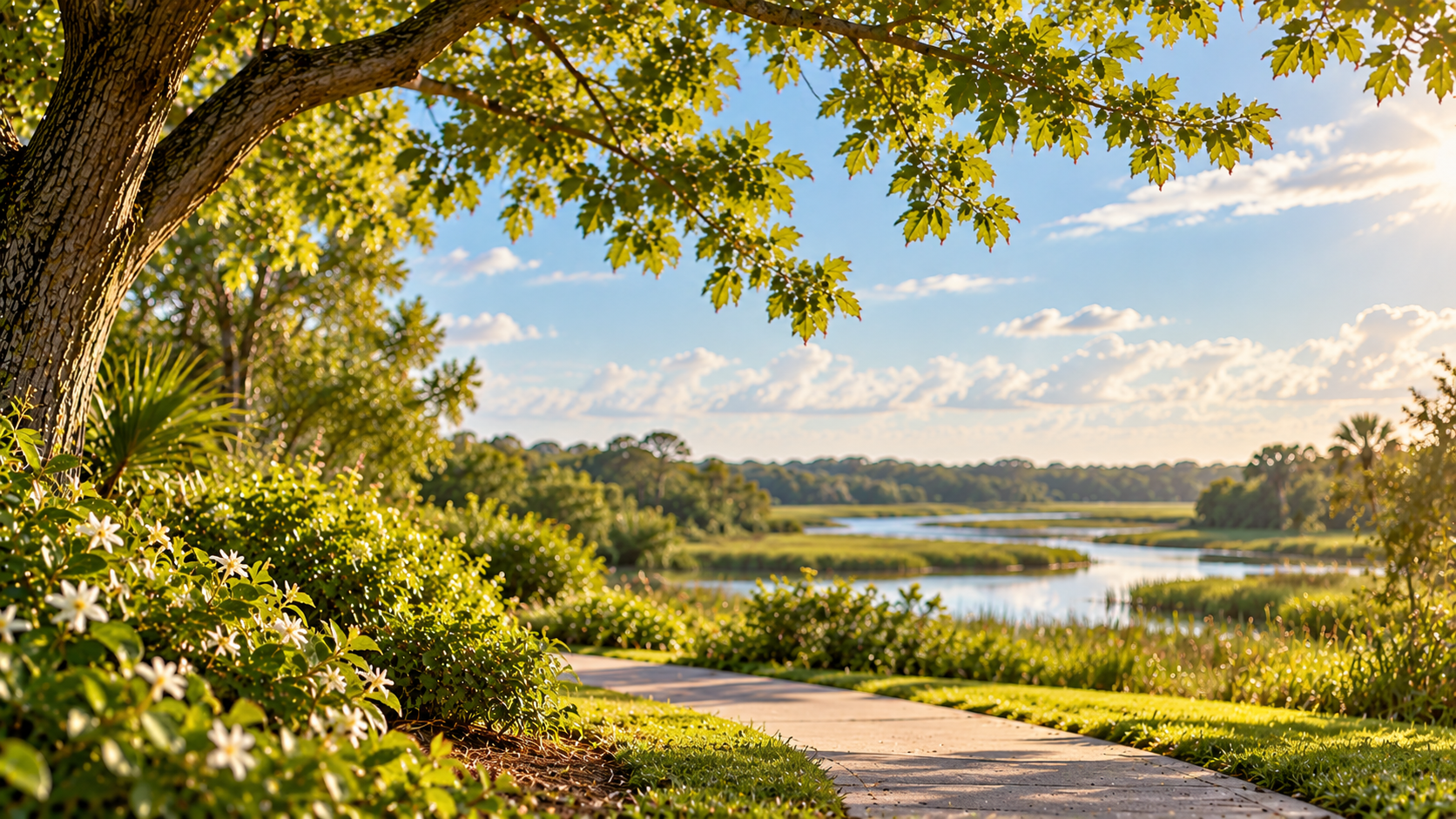 Garden path overlooking peaceful wetlands for cremation services in Largo, FL.