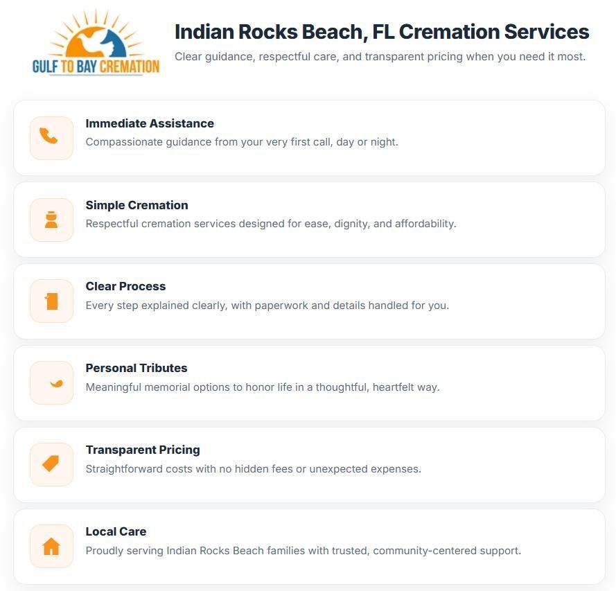 Infographic for Gulf to Bay Cremation highlighting immediate assistance, simple planning, transparent pricing, and trusted cremation services Indian Rocks Beach, FL.