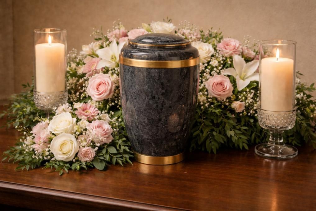 Elegant memorial urn surrounded by soft pink and white flowers and lit candles, symbolizing peaceful remembrance in Indian Rocks Beach, FL.