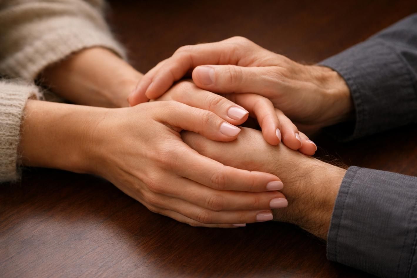 Close-up of two people holding hands in comfort and support, reflecting compassionate cremation services Indian Rocks Beach, FL during a time of loss.