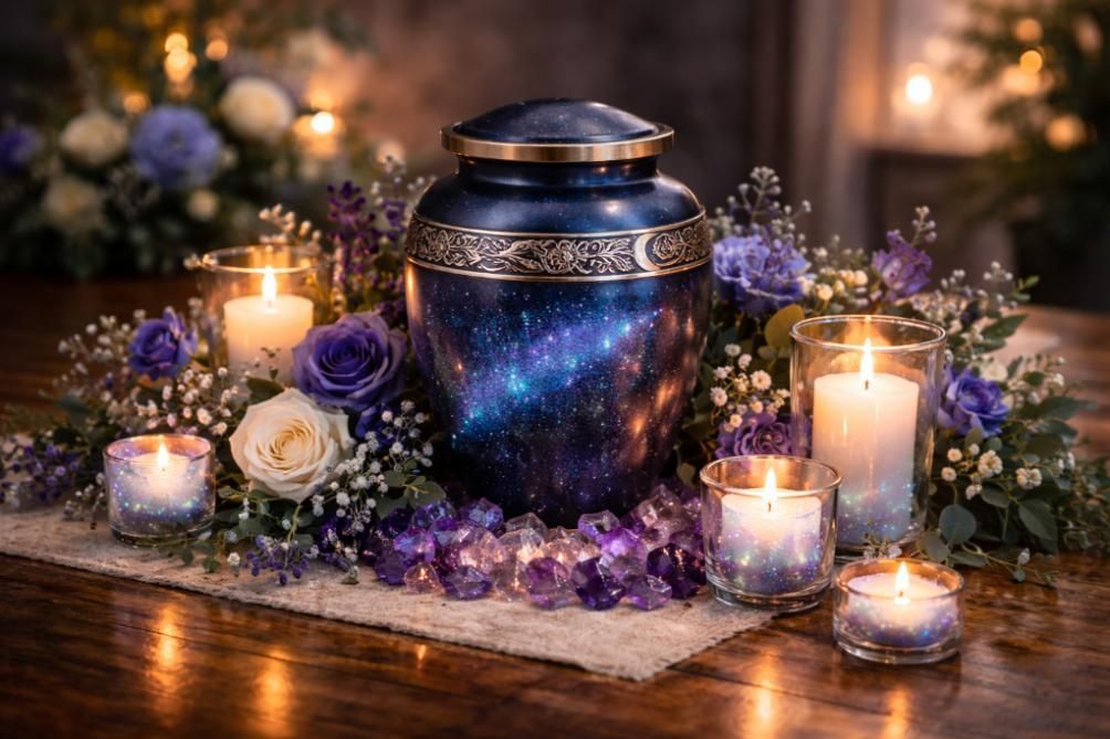 Decorative memorial urn surrounded by candles, purple flowers, and crystals, symbolizing dignified remembrance and compassionate cremation services Largo, FL.
