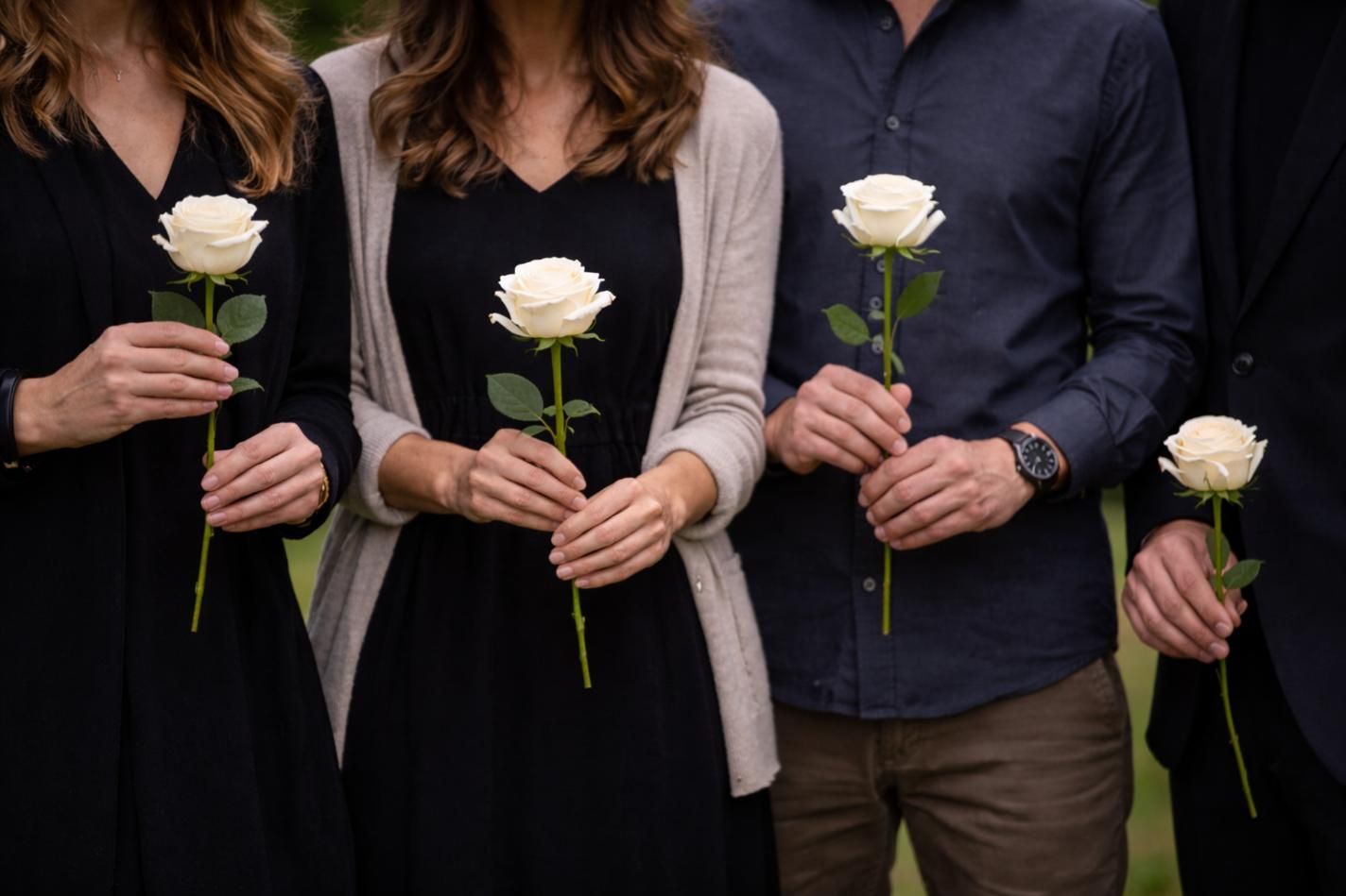 Family members dressed in black holding white roses at a memorial service, symbolizing dignity and compassionate cremation services Largo, FL.