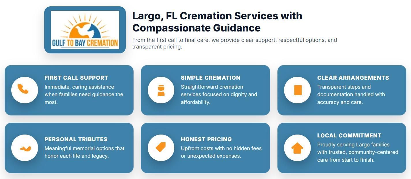 Infographic for Gulf to Bay Cremation outlining first call support, simple planning, honest pricing, and compassionate cremation services Largo, FL.