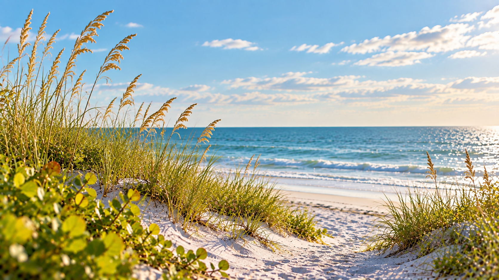 Sunlit sandy beach with sea oats and ocean waves in Clearwater, FL.