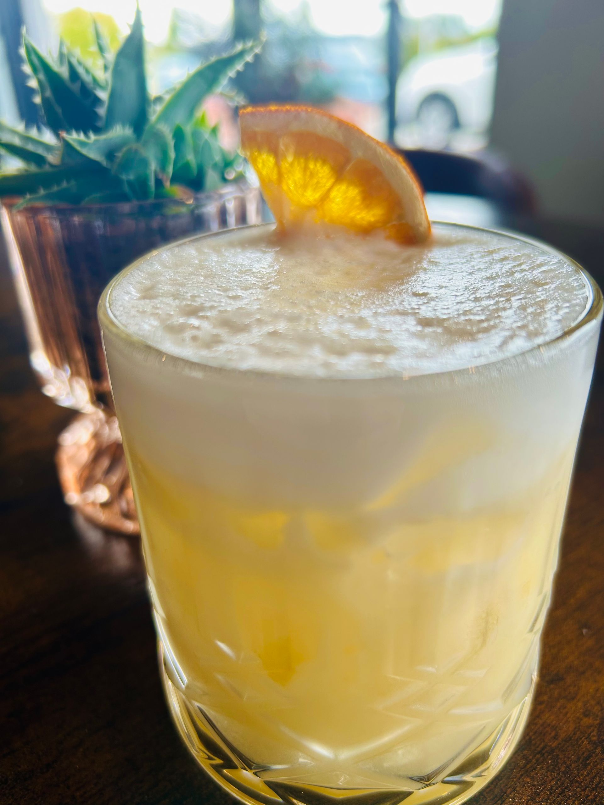 A pale yellow cocktail in a textured glass topped with foam and an orange slice, with a potted succulent in the back.