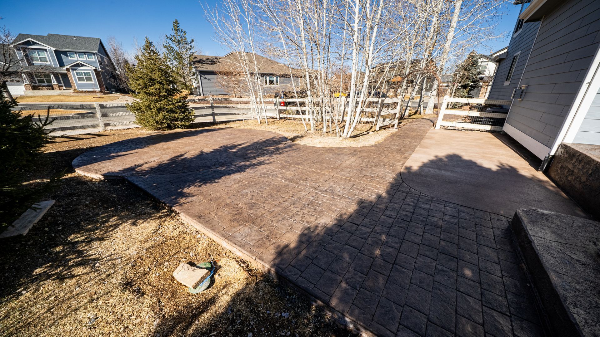 Backyard patio with paver walkway, leafless birch trees, and a house casting long shadows in bright sunlight
