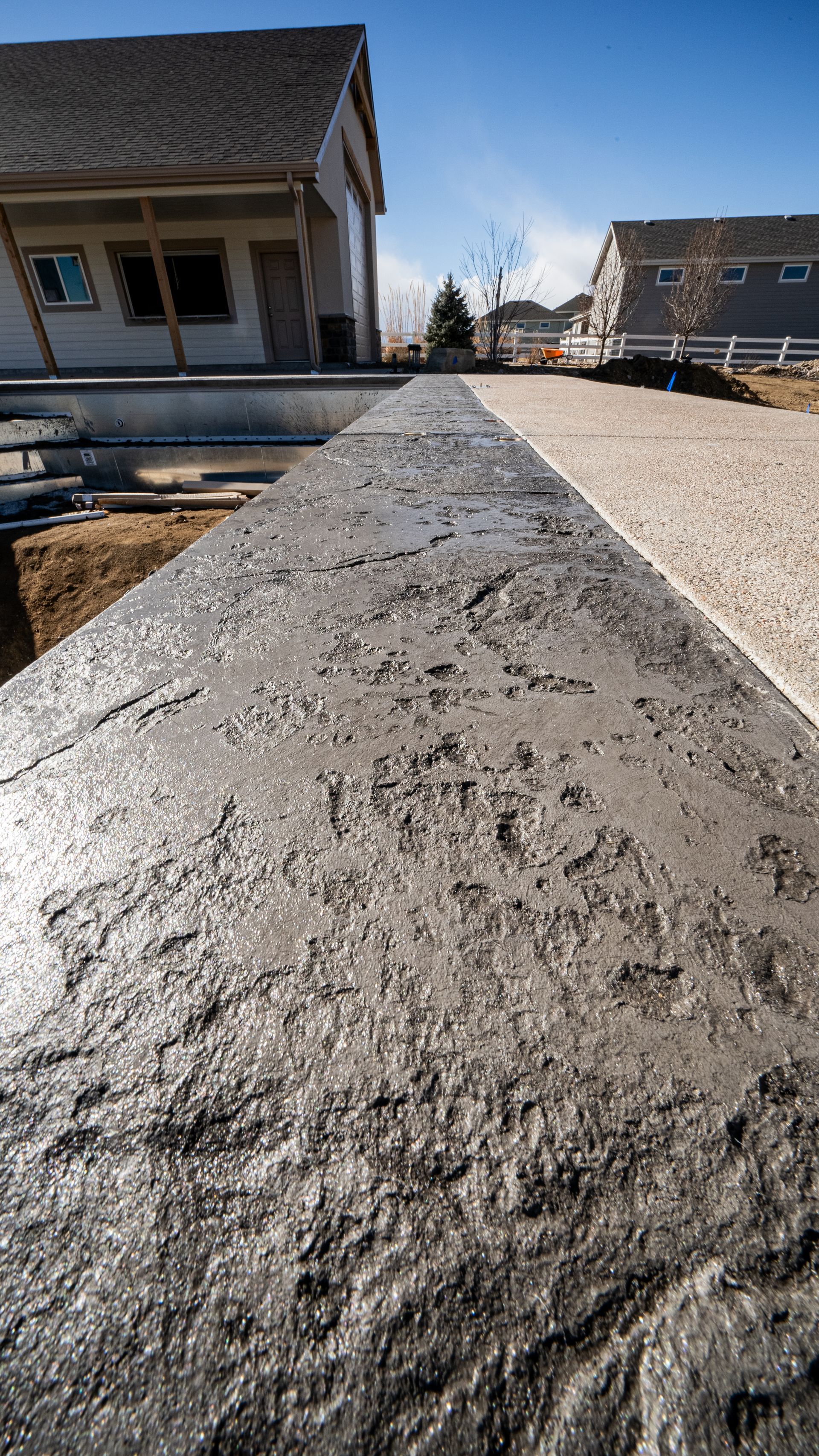Freshly poured concrete walkway beside suburban houses on a sunny day