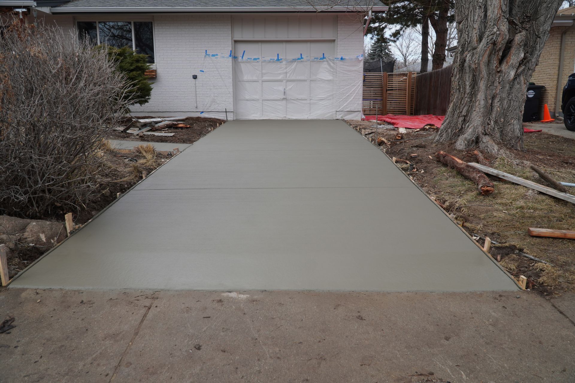 Fresh gray concrete driveway leading to a garage, bordered by trees and shrubs