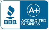 A blue and white bbb accredited business logo