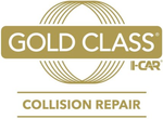 A gold class collision repair logo on a white background