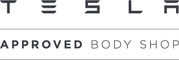 A logo for a tesla approved body shop