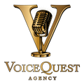A logo for voicequest agency with a gold microphone