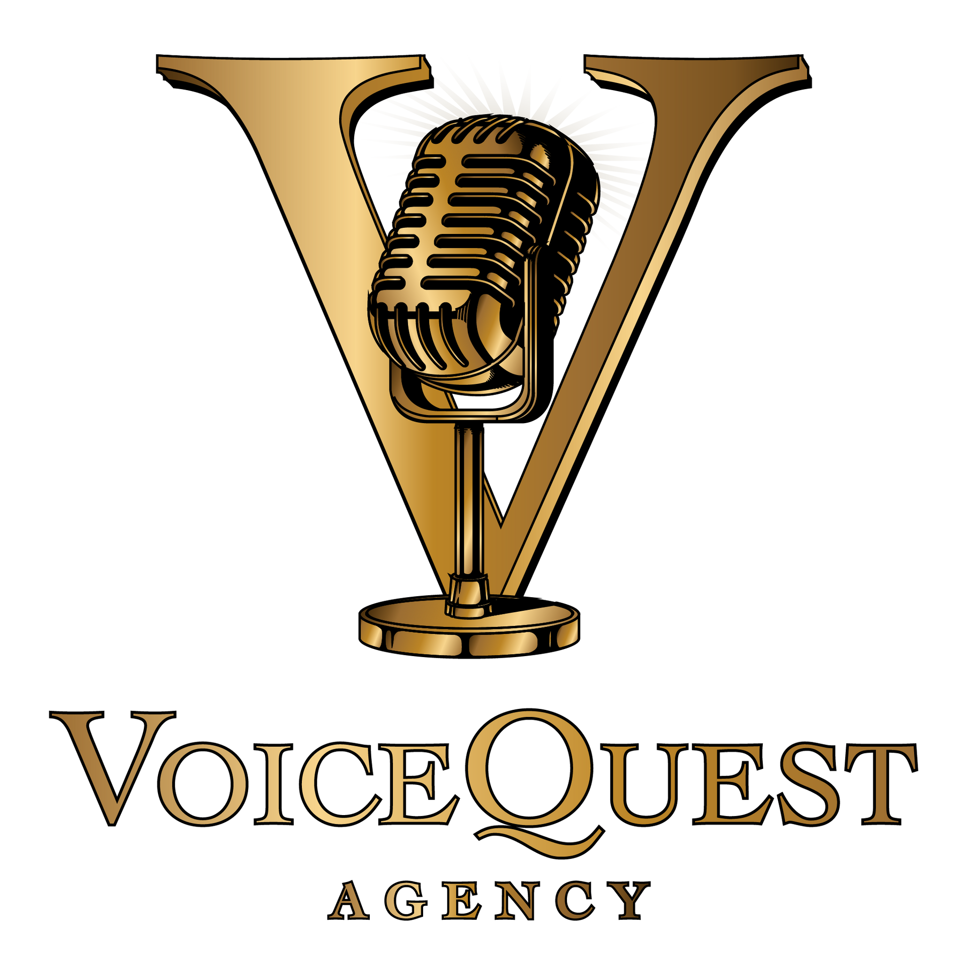 A logo for voicequest agency with a gold microphone