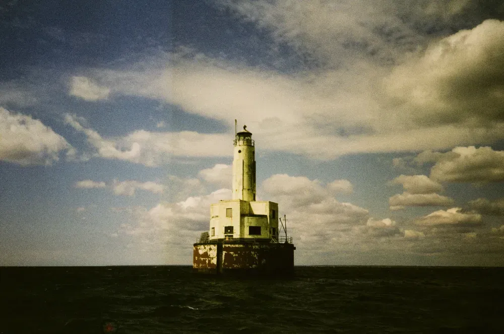 A landscape film photograph of Cleveland ledge lighthouse in Massachusetts
