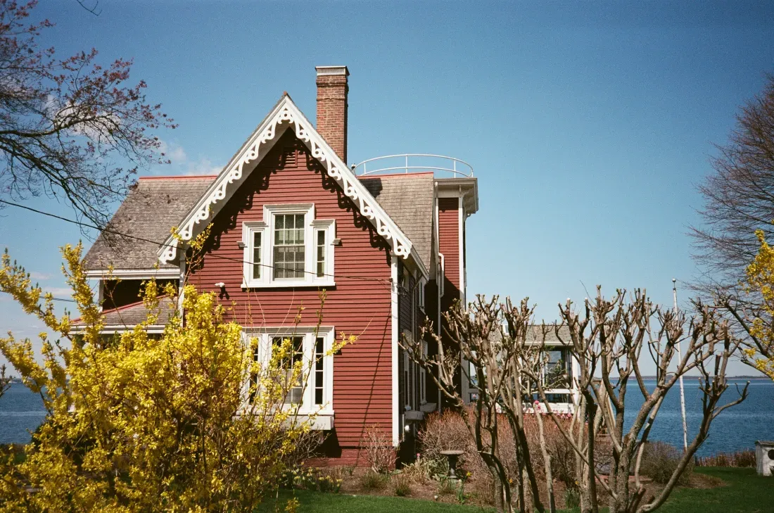 A portrait film photo of Conanicut Island lighthouse in Rhode Island