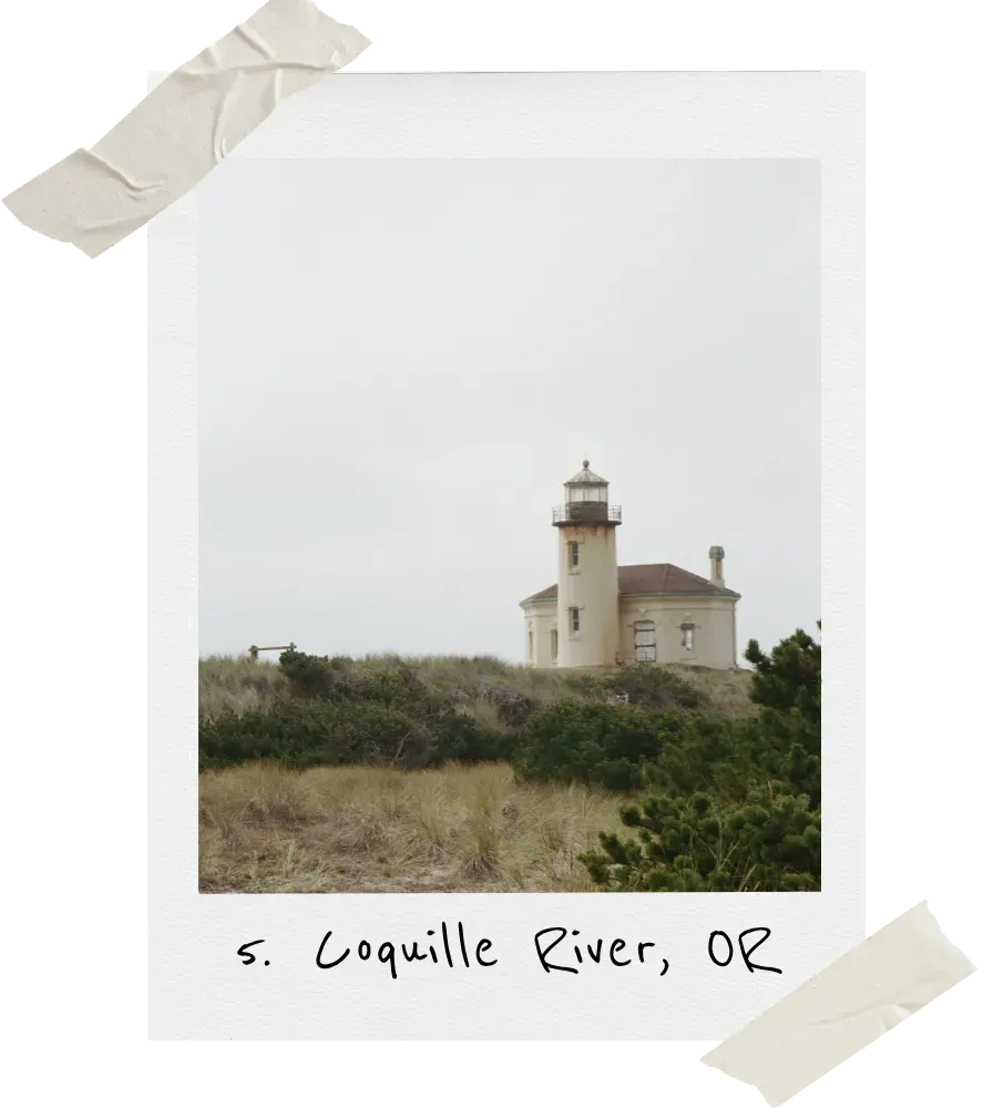 A polaroid-style photo of the Coquille River Lighthouse in Oregon, set against a grassy dune and overcast sky.