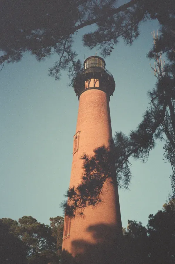 Curriruck Beach lighthouse against a blue sky, framed by dark tree branches.