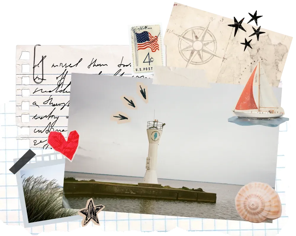 A nautical-themed collage with a central photo of a lighthouse, a seashell, a toy sailboat, stars, and a vintage stamp.