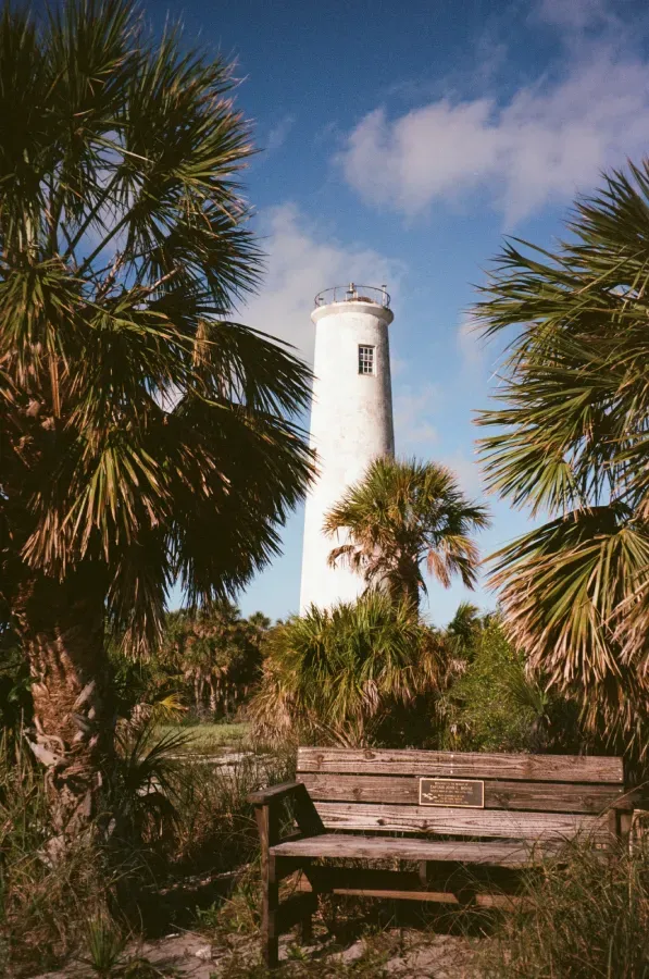 Egmont Key lighthouse stands behind a wooden bench, surrounded by palm trees under a bright blue sky.
