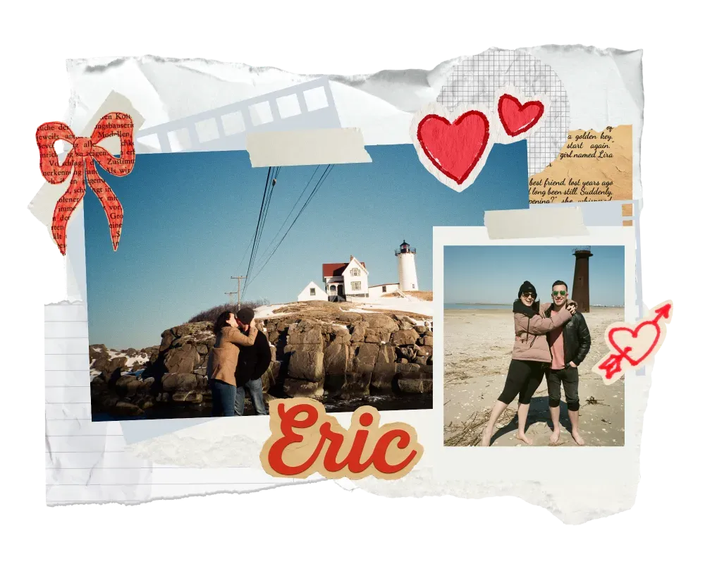 Two photos showing Charlee and Eric by a lighthouse and on a beach, decorated with a red ribbon and heart icon.