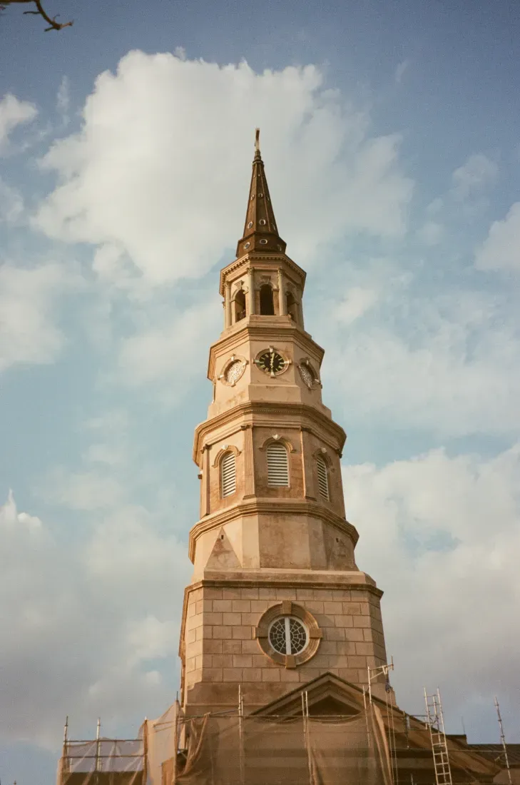 A film  portrait photograph of Fort Sumpter Range lighthouse in South Carolina