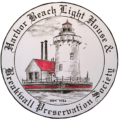 Logo for the Harbor Beach Lighthouse & Breakwall Preservation Society, featuring a sketch of a lighthouse, est. 1982.