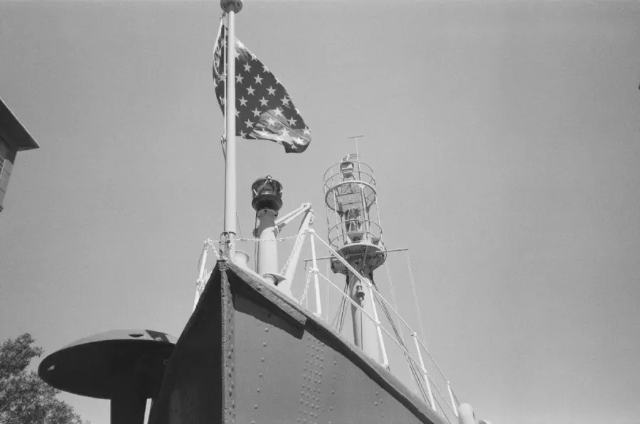 A black and white photo of Lightship Portsmouth on film