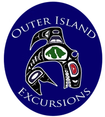 Circular logo for Outer Island Excursions, featuring a black orca design in Pacific Northwest Indigenous art style.