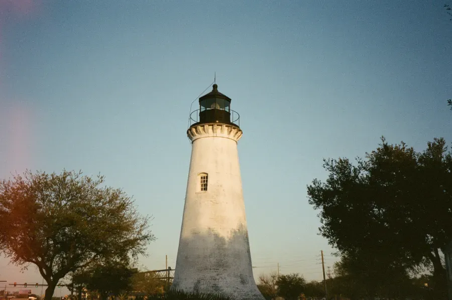 White lighthouse, black lantern room, under a clear, blue sky, framed by trees.