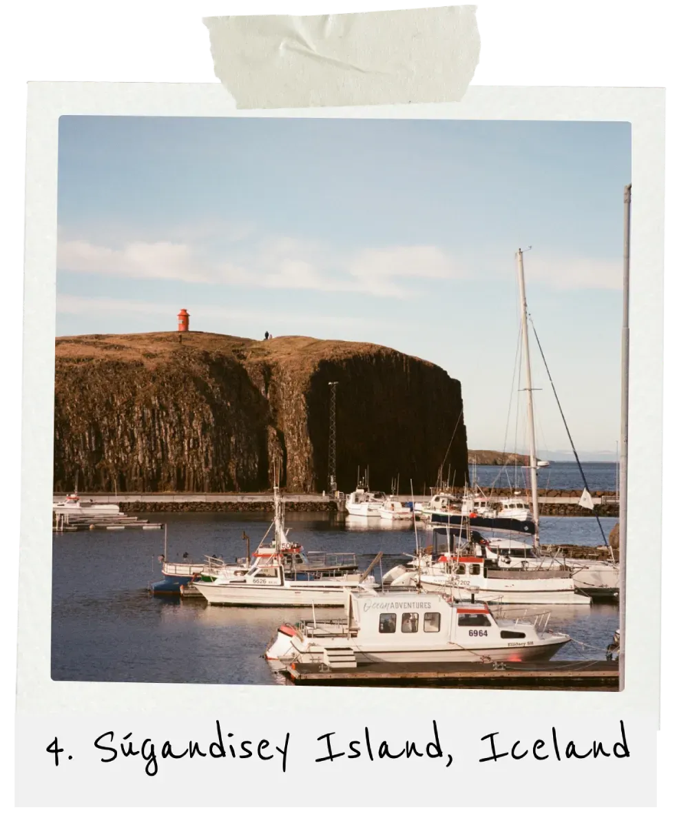Film photo of Súgandisey Island lighthouse in Iceland