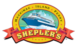 Logo for Shepler's Mackinac Island Ferry featuring a blue boat on water inside a yellow circle with a red banner.