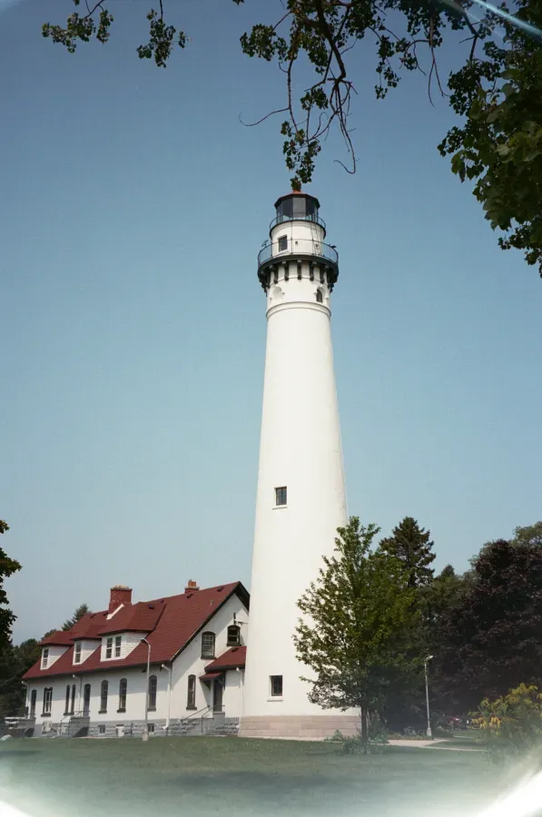 A film photograph of Wind Point Lighthouse